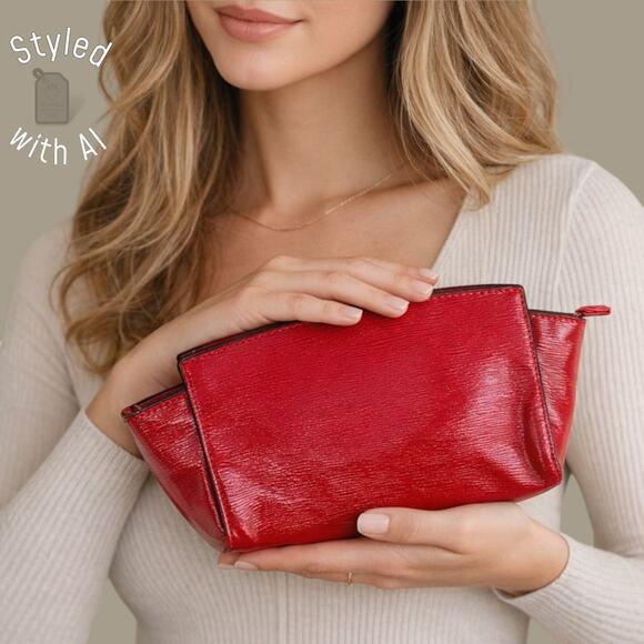 Estee Lauder Handbags - Estée Lauder Red Faux Epi Leather Cosmetic Bag Trapezoid Makeup Pouch L: 10.25"
